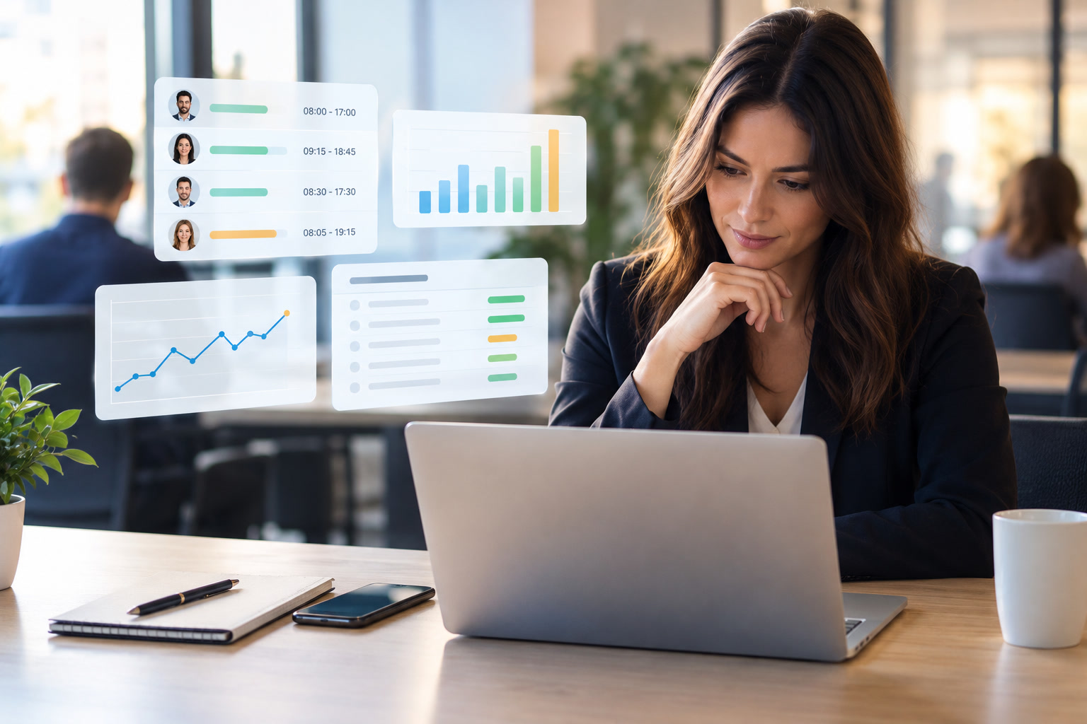 Profesional en su despacho analizando el registro de jornada de su equipo con paneles de horarios y gráficas superpuestas