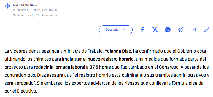 El nuevo registro horario de Yolanda Díaz podría ser una 'chapuza' similar a la prórga de los alquileres
