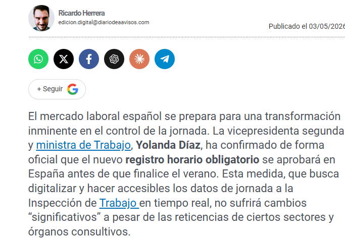 Yolanda Díaz fija la fecha para el nuevo registro horario obligatorio en España